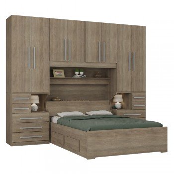 Guarda-roupa de Casal com Cama Bau Embutida 1223 com Kit de Led Castanho